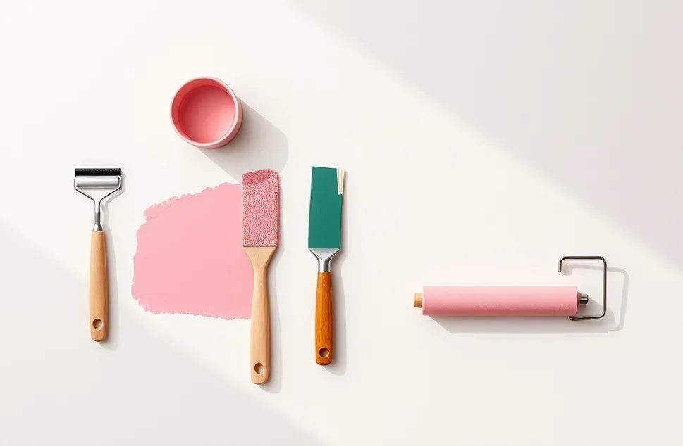 Outils de peinture disposés dans l'ordre des étapes du chantier