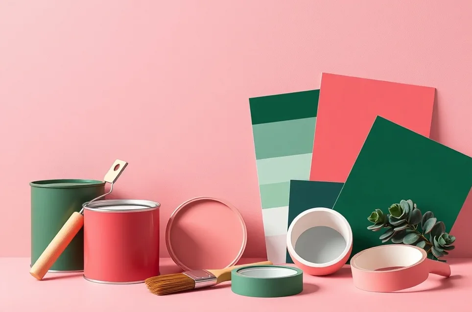 Pots de peinture, nuancier, brosses et rouleaux disposés à plat