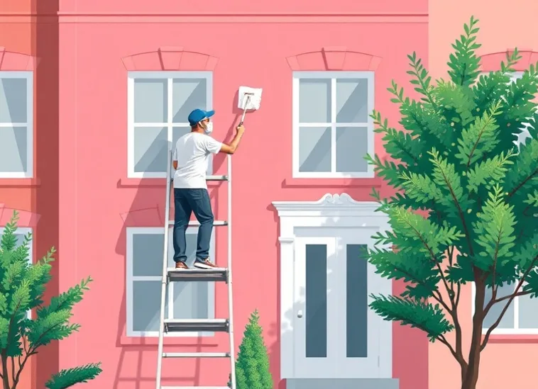 Peintre sur échafaudage traitant la façade d'une maison